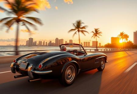 Panoramic shot of a gleaming black vintage sports car gliding along Miami Beach's coastal highway at sunset. Golden highlights dance across its glossy finish as the ocean's molten gold surface meets the fading light. Retro skyline silhouettes rise in harmony with golden hues, while neon accents pulse softly in warm amber tones. Palms sway gently, their fronds embracing the sun's final rays, casting a nostalgic ambiance. The driver, carefree and joyful, relishes the experience as the setting sun dips below the horizon.