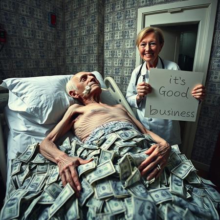 a picture from side point of view of a very skinny old man laying on hospital bed with life support attached to his mouth, piles of dollar around the body, a greedy female doctor smiling and standing next to him holding a sign "it's good business", walls and door and pillows and bedsheet made up of dollar bill