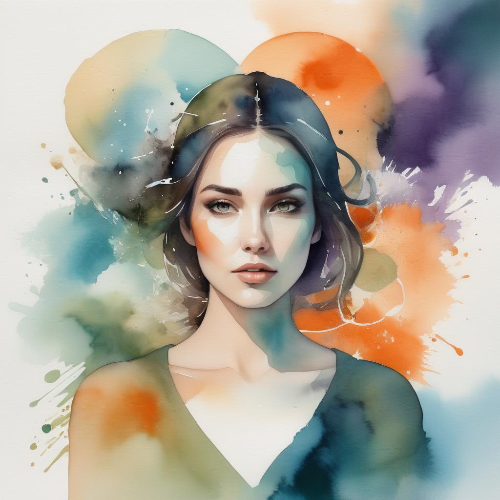 Positive prompt :  A woman surrounded by different abstract symbols representing love, compromise, and personal boundaries, with soft, ethereal lighting.abstract, watercolor on photo,Colors are: orange, olive green, purple, black, deep teal, light sky blue, soft sky blue, white,Splattered paint effect,woman and man