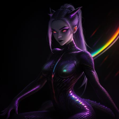 ultra detailed abstract photography of a cute pale draconian girl in full body pose, mix of dragon and girl, half dragon, silver ponytail with strands hair, (masterpiece), realistic, beautiful face, cinematic light, (beautiful purple cat eyes:1.3), perfect anatomy,dragon horns,
night sky moonlight, starry background,
fine detailed silver crescent glasses, pointy ears, cowboy shot, open mouth, medium breasts, (SpectrumAI scaly skin:1.3),black lips, black eye shadow,
nice hands, perfect hands,bioluminescence,
hyperdetailed painting, luminism, 4k resolution,
Soft Lighting, Photographic Realism,
3d rendering, octane rendering <lyco:SpectrumAI-000005:1.0>