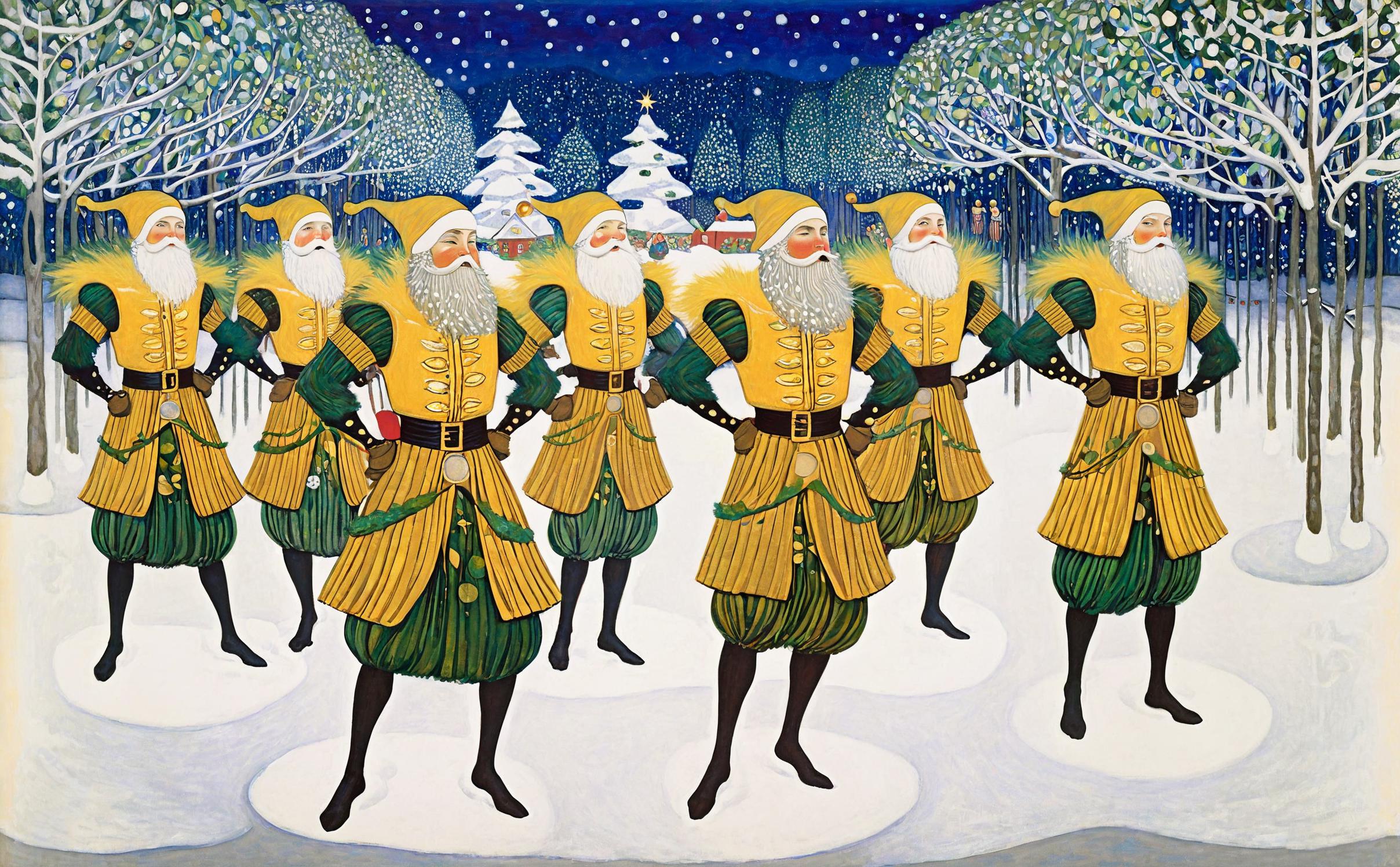 A group of men dressed as Santa Claus dancing in the snow.