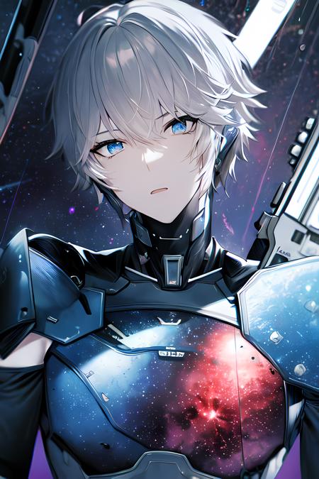 masterpiece, best quality,1boy, 1boy, armor, aurora, (blue_eyes), breastplate, constellation, galaxy, gun, handgun, holding, holding_gun, holding_weapon, light_particles, male_focus, milky_way, night, night_sky, rain, shooting_star, sky, solo, space, star_\(sky\), starry_background, starry_sky, upper_body, weapon, blonde_hair