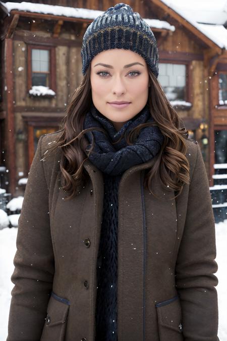 best quality, 4k, 8k, ultra highres, raw photo in hdr, sharp focus, intricate texture, skin imperfections, photograph of olivia wilde <lora:olivia-wilde_v0.1:0.7> with a dark blue wool beanie and winter scarf in the snow wearing a light brown winter jacket, brunette hair, intricate details, snowing