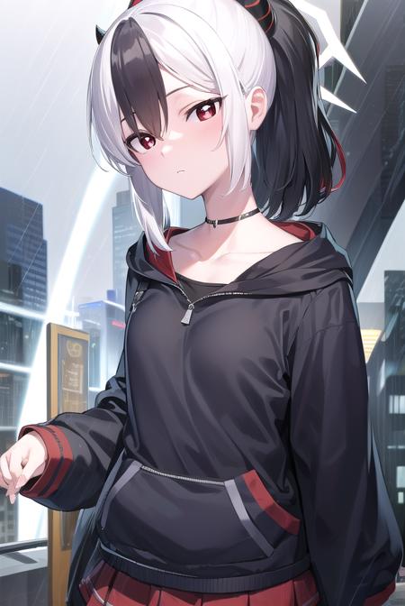 kayoko onikata, black hair, demon horns, hair between eyes, halo, horns, long hair, low wings, mole, mole on collarbone, multicolored hair, ponytail, (red eyes:1.5), single wing, two-tone hair, white hair, wings, black ponytail, black hoodie, choker, hood, hoodie, pleated skirt, skirt, red skirt,