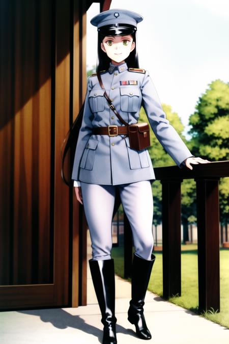 masterpiece, best quality, absurdres, high resolution, extremely detailed, 1girl, solo, <lora:NRAuniformv0:0.75>, leather belt pouch, belt,   black long hair, blunt bangs, green eyes,   smile, battlefield,  outdoors, uniform, military_uniform, military, NRA1926, peaked cap,  cap badge,light blue uniform, black long boots,NRA officer, large breasts,  narrow waist,  <lora:ooyari-style_v1.0:0.9>