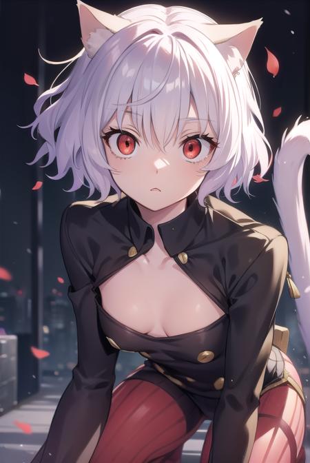 neferpitou, <lora:neferpitou:1>, neferpitou, short hair, (red eyes:1.5), long sleeves, animal ears, tail, white hair, shorts, cat ears, cat tail, curly hair, (small breast:1.2), BREAK looking at viewer, BREAK outside, BREAK <lora:GoodHands-vanilla:1>, (masterpiece:1.2), best quality, high resolution, unity 8k wallpaper, (illustration:0.8), (beautiful detailed eyes:1.6), extremely detailed face, perfect lighting, extremely detailed CG, (perfect hands, perfect anatomy),