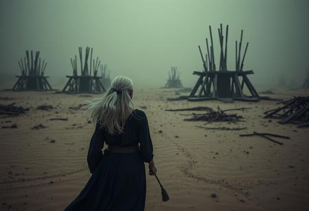 japanese albino woman walking throw an apocalyptic landscape, top hard light, sand environment, mystic, highly detailed, melancholic, masterful photography, ultra detailed