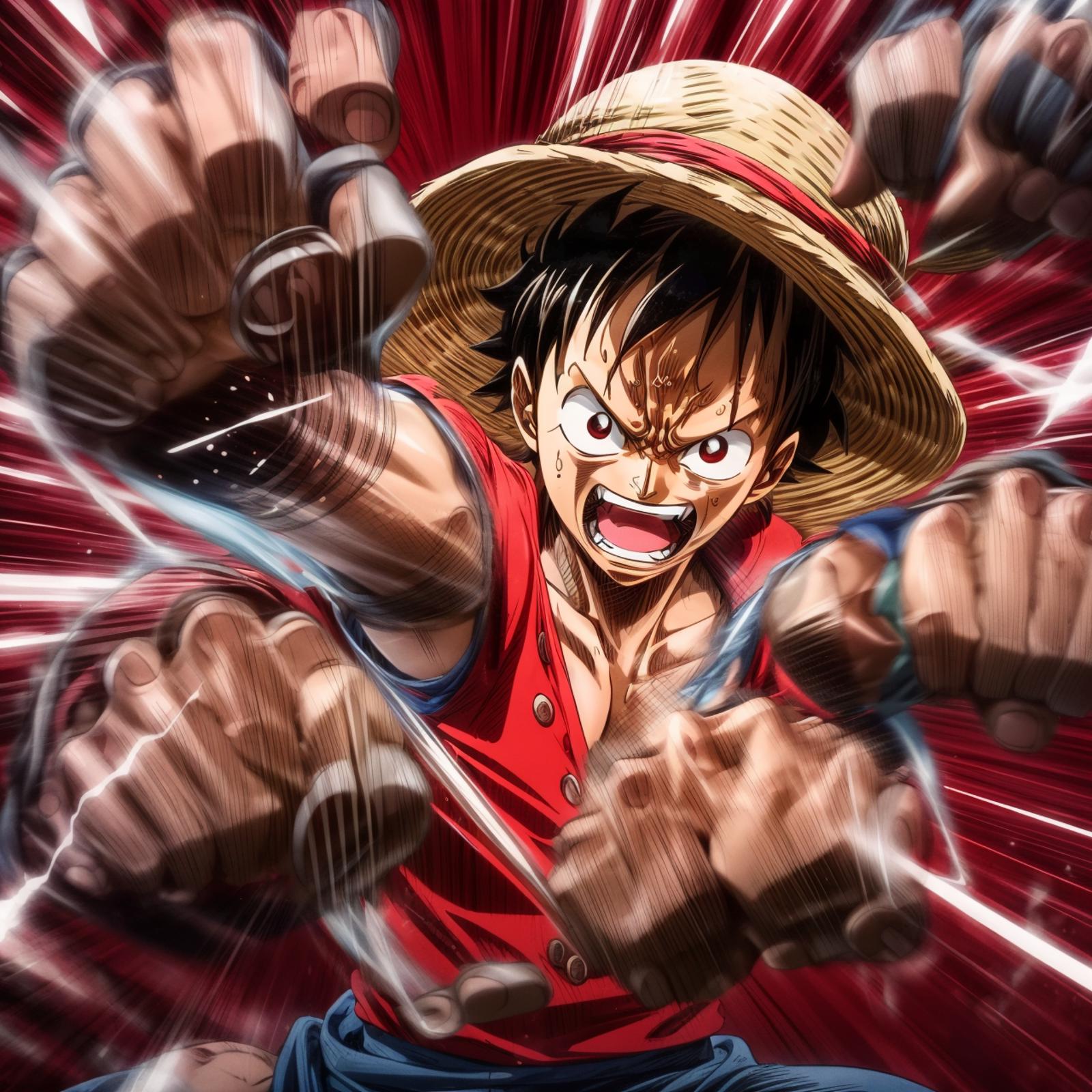 A cartoon of a man with a straw hat and red shirt with a mouth open.