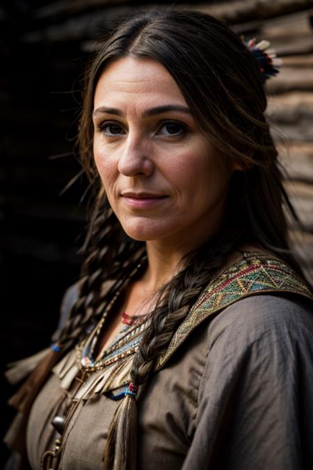 <lora:Suranne_Jones:1> masterpiece, best quality, detailed face, a mature s1873j, 1girl, solo, native american costume ,  medieval village , night