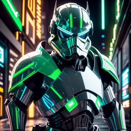 HD, masterpiece, best quality, full body shot of a stormtrooper, wearing white and green neon helmet, looking at viewer, green glowing eyes, wearing armor, neon lights in background,  <lora:StormTrooperE10:0.6>