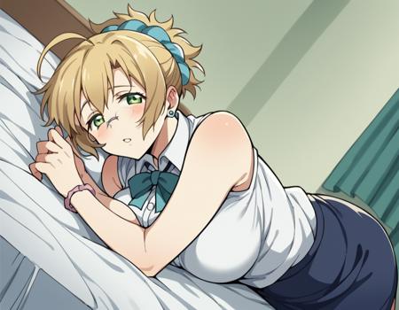 misakisensei, <lora:misaki-sensei-ova-ponyxl-lora-nochekaiser:1>, misaki, blonde hair, large breasts, green eyes, glasses, ahoge, short hair, scrunchie, hair scrunchie, skirt, jewelry, earrings, teacher, skirt, sleeveless, collared shirt, frilled center, frills, ribbon, white shirt,