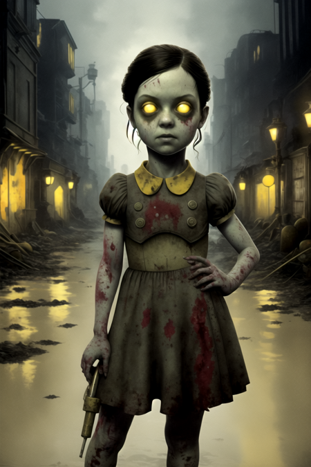 masterpiece, best quality, 1girl, lilsis, hands on hips, dirty, blood, muddy dress, black hair, dress, horror \(theme\), solo, yellow eyes, dark, yellow sclera, glowing eyes, creepy, underwater city background <lora:LittleSister:1>