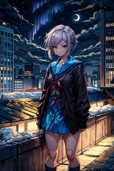 (masterpiece),(best quality), <lora:NagatoYuki:0.8>, yuki, winter uniform, cardigan, kneehighs, blue skirt, serafuku, inexpressive, rooftop, aurora, building, city lights, cityscape, cloud, constellation, crescent moon, milky way,  night sky, outdoors, scenery, skyline, skyscraper, snow, snowing,  winter <lora:Adddetail:0.8>