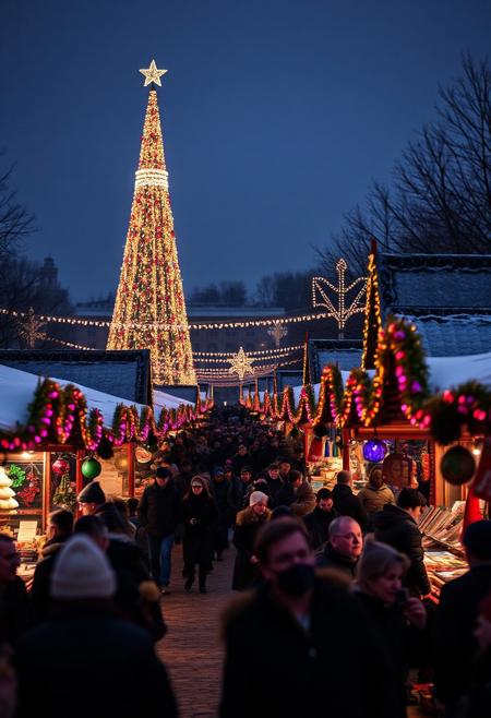 Christmas market, evening, with many illuminated colorful lights, many vendors, many people, winter,