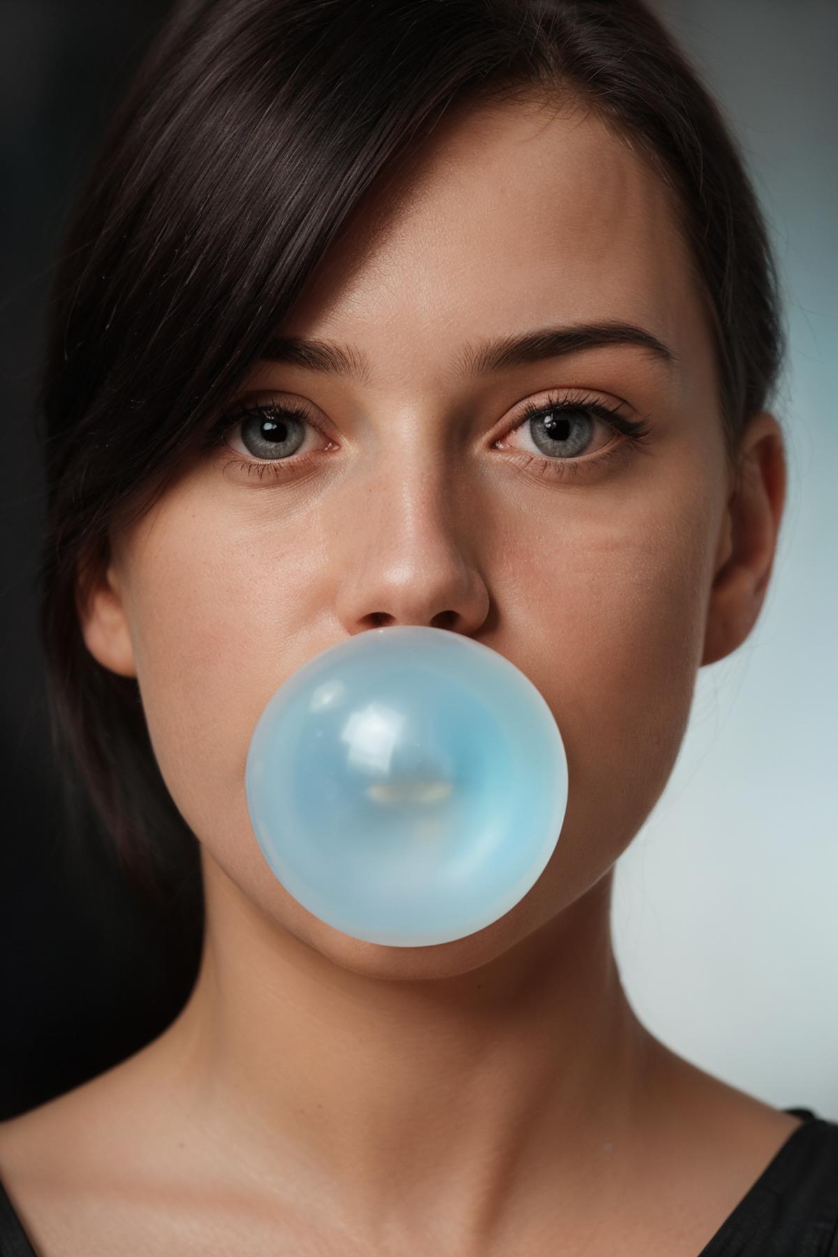A woman wearing a blue top with a blue bubble gum bubble in her mouth.