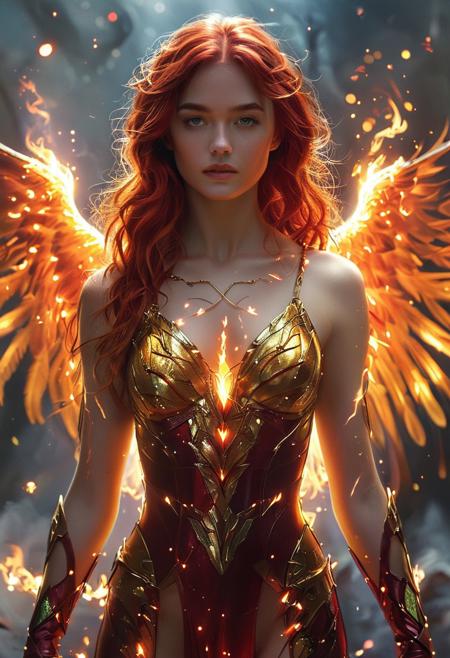 In Casey Baugh's evocative style, 1girl, solo, art of marvel Jean Grey woman in her Phoenix form, surrounded by flames,  long fiery red hair, ornate golden jewelry diadem, lips slightly parted, realistic detail, glowing phoenix aura blazing around her, fiery wings of flames unfurling, blurry background of cosmic debris, set against a cosmic background, captured in analog film grain, 4k, intense and dramatic, vintage look, <lora:Mystic_Lumina_r1:0.7>  , award winning art, marvel jean grey woman, <lora:marvel jean grey woman 1a:0.8>