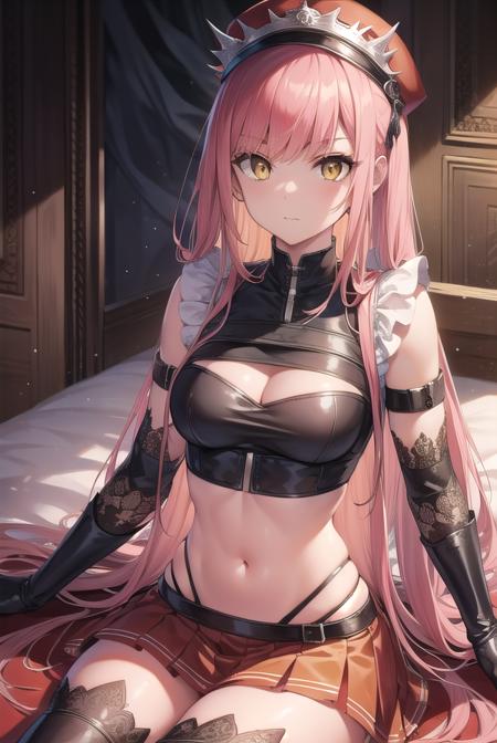 medb, <lyco:medb-lyco-nochekaiser:1>,
medb, long hair, pink hair, (yellow eyes:1.5),
BREAK choker, crop top, elbow gloves, gloves, hat, high heel boots, high heels, navel, peaked cap, red skirt, riding crop, skirt, thigh boots, thighhighs,
BREAK looking at viewer,
BREAK indoors, bed,
BREAK <lyco:GoodHands-beta2:1>, (masterpiece:1.2), best quality, high resolution, unity 8k wallpaper, (illustration:0.8), (beautiful detailed eyes:1.6), extremely detailed face, perfect lighting, extremely detailed CG, (perfect hands, perfect anatomy),