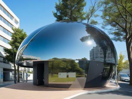<lora:JJsPublicToilet_XL:1>, masterpiece , best quality, ((Public Toilet)), outdoors, sky, day, tree, blue sky, ground vehicle, building, scenery, motor vehicle, walking, city, car, road, lamppost, street, real world location,  highly detailed, curvy, wood, glass, canopy,