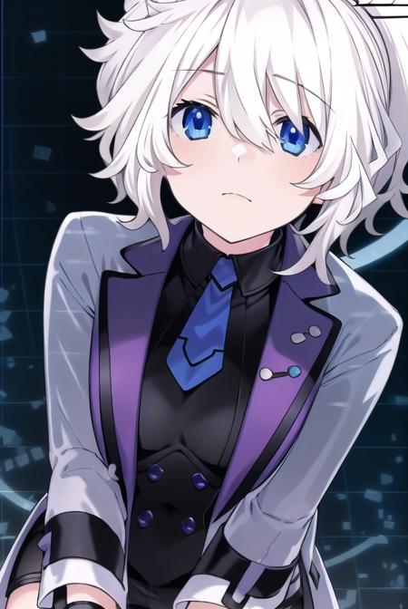 reedio, bangs, blue eyes, hair ornament, hair between eyes, ponytail, white hair, short hair, shirt, thighhighs, gloves, long sleeves, jacket, open clothes, necktie, shoes, shorts, collared shirt, white gloves, black footwear, vest, white thighhighs, open jacket, black shirt, short shorts, white jacket, white shorts,