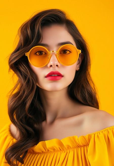 Close-up of a woman with dark brown, wavy hair and round, yellow sunglasses. 
The woman is positioned against a solid yellow background. Her face and upper torso are the central focus.  Her skin appears smooth and light-toned. 
She has a soft, slightly lifted expression, and her lips are painted with a vibrant, coral-toned lipstick. Her eyes are visible beneath the sunglasses.
The sunglasses are round and yellow, with gold-toned rims and a noticeable frame.  
The woman is wearing a loose, yellow, off-the-shoulder top with a ruffled or pleated design. The fabric looks like a type of soft, flowing silk or chiffon. The fabric texture is visible; the pleats and folds are apparent.
The lighting highlights the woman's features and creates a warm, slightly soft glow. The yellow background contrasts sharply with her skin and clothing, emphasizing her appearance. The image's overall aesthetic is fashion-oriented, possibly for a magazine or social media.
<lora:FLUX-daubrez-DB4RZ-v2:1> DB4RZ, DB4RZ style painting