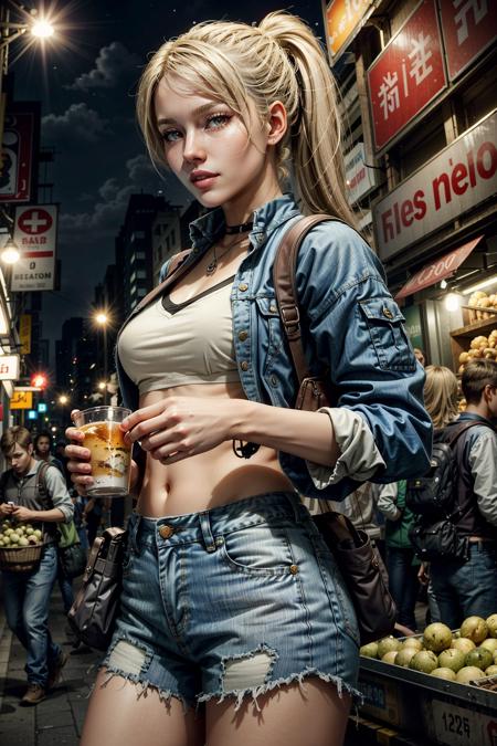 (masterpiece, best quality:1.3)
<lora:epi_noiseoffset2:1> <lora:add_detail:0.7>  <lora:MortalCassieCage:0.8>
MortalCassieCage, 1girl, solo, blonde hair, Night, Energetic, Colorful Lights, Bustling Market, Street Food, Casual