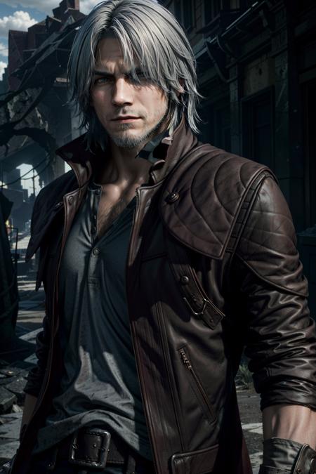 (masterpiece, best quality)
1boy, DanteDevil5, male focus, solo, facial hair, realistic, hair over one eye, beard, grey hair, jacket, coat, dante \(devil may cry\), closed mouth, upper body, white hair
<lora:epi_noiseoffset2:1>,  <lora:add_detail:0.5>,  <lora:DanteDevil5:0.7>