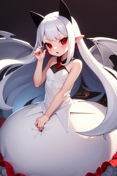 masterpiece, best_quality, 1girl, solo, pram \(phantom kingdom\), phantom kingdom, red eyes, black sclera, white wings, bat wings, pointy ears, horns, albino, white dress, long hair, bubble skirt,