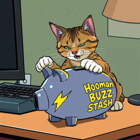 A sneaky cat is knocking a piggy bank off of a desk, the piggy bank has a yellow lightning bolt on the front and says "Hooman Buzz Stash" on the side.
