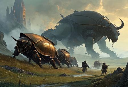 Rolling golden meadows where dwarven farmers herd giant beetles fitted with harnesses and mechanical seed cannons, while an immense clockwork dragon casts a shadow over the land, a silent guardian or a distant threat. Created in the atmospheric, mist-laced tones of Rozalski, with fantasy detailing echoing classic Tolkien illustrations and hints of early 20th-century industrial aesthetics.
