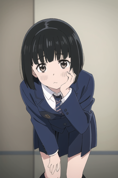 (masterpiece) , short hair, black hair, brown eyes, blunt bangs, small breasts, {school uniform} , {school} , cute pose,