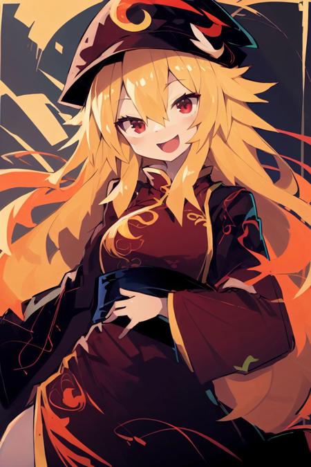 masterpiece,<lora:kaamin-40:1>
kaamin, 1girl, solo, long hair, looking at viewer, smile, open mouth, blonde hair, red eyes, long sleeves, hat, dress, hair between eyes, wide sleeves, black dress, sash, chinese clothes, crescent, tabard