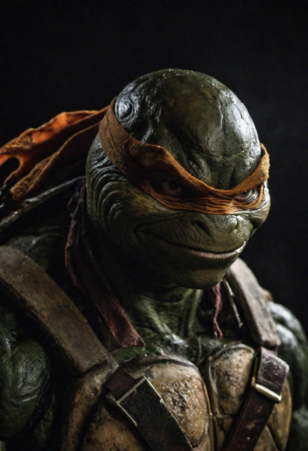 Close-up, (teenage mutant ninja turtles ), grim smile, relaxed pose, portrait movie shot, serious, menacing, chiaroscuro style photo, dark background, minimalism, dramatic lighting, professional quality, dull highlights and shadows, natural and   original, laser eyes