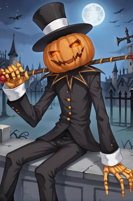 jakkRo, top hat, pumpkin head, black pants, glowing eyes, suit, long sleeves, no human, skeleton hands holding staff