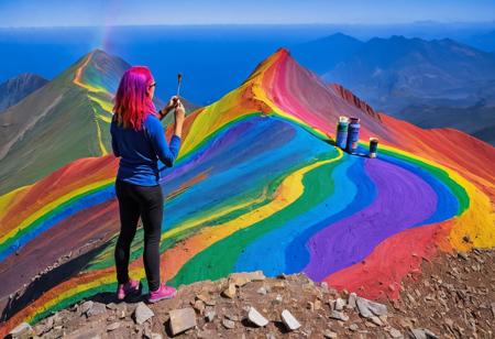 rainbow morph,1 female with rainbow-colored hair, standing on a mountainside, she is painting on a large paint board, creating a vivid and colorful rainbow that arches across the mountain landscape, the rainbow morphs into different hues and shapes, the art is fabulous, marvelous, and extraordinary, with intricate details and a sense of wonder, made out of rainbow