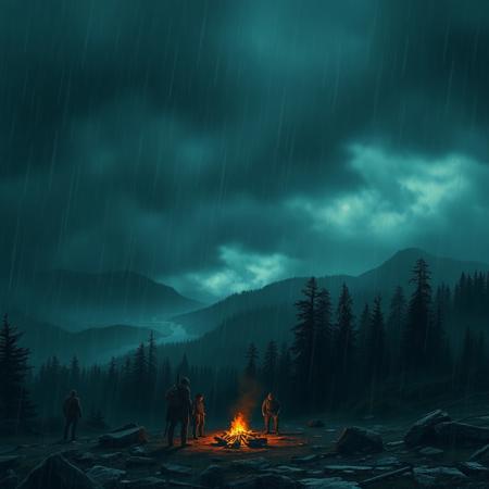 midnight storm, heavy rain, mist, mountains, rivers and forests, a distant view of a group of adventurers huddle near a small fire