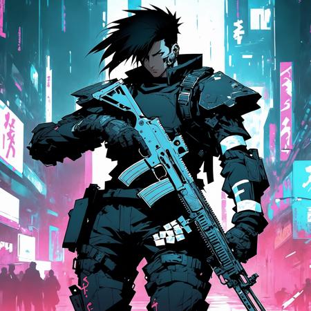 cyberpunk background, a man in all black clad armor with black hair, holding a gun with bandages around it, manga art