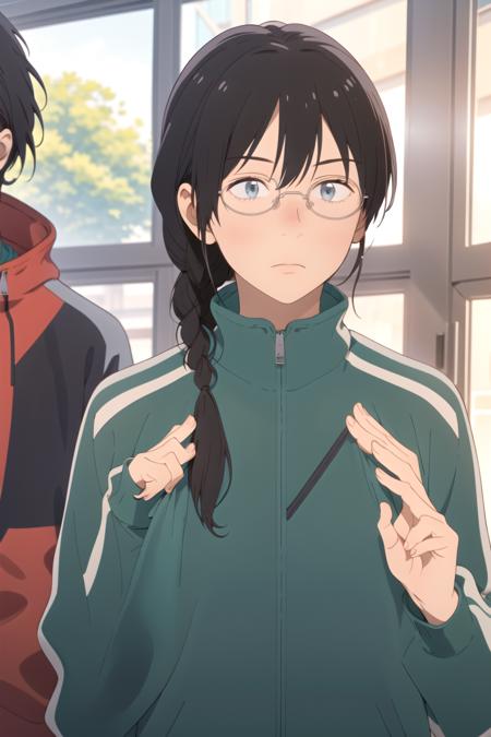 masterpiece, best quality, high quality, highres, high res, absurdres, ultra-detailed, best anatomy, detailed eyes, perfect eyes,
Mimicking picking up a heavy weight and dropping it,
makoto_kurume, opaque glasses, solo, 1girl, braid, black hair, jacket, glasses, track jacket, green jacket, track suit, track pants, no eyes,  <lora:makoto_kurumeV1:0.85>