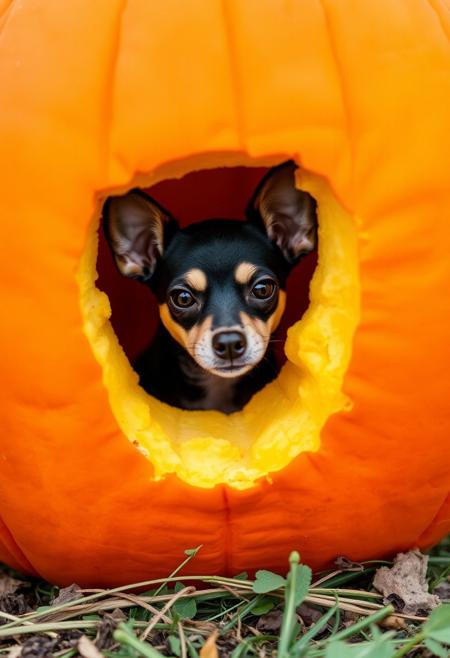 Miniature Pinscher in a giant punpkin, Shy Miniature Pinscher. The miniature Pinscher is barely visible, only his head are partially out of a hole in the pumpkin.