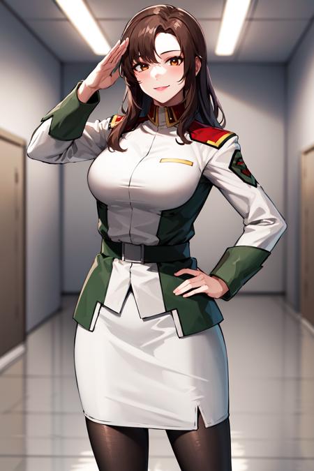 masterpiece, best quality, highres, ramius1, 1girl, solo, military uniform, military, makeup, black pantyhose, white shirt,  white skirt, tight skirt, <lora:murrue_ramius_v1:0.7>, cowboy shot, smile, salute, hand on hip, indoors,