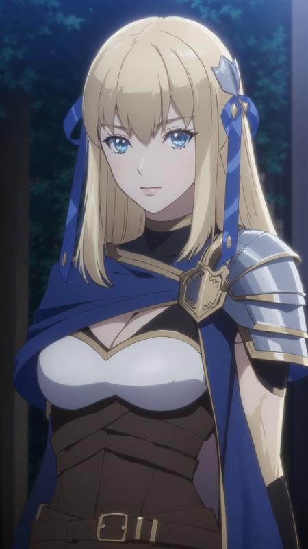 eris blonde hair, blue eyes, blue ribbon in hair, knight outfit, gray metal shoulder pauldron, blue cape