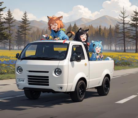 best quality,T880,vehicle focus, 
(chibi1.5),2girls,cute,riding pickup truck,(giggling,happy:1.2),closed eyes,open mouth,animal ears and tail,
flower field,
AS-Youngest,<lyco:T880_v11:0.7>