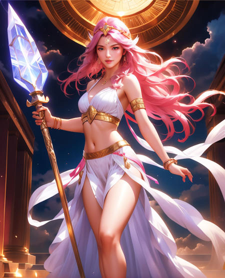 (masterpiece, high detail, best quality), greek clothes, peplos, 1 asian girl, holding magic staff, solo, headwear, long hair, navel, gold trim, pink hair, skirt, staff, jewelry, sandals, small breasts, platform footwear, white skirt, bracelet, looking at viewer, upper body,breasts, (armlet, thighlet, very long hair, cloud, vibrant color, (high contrast), midriff, detail skin, light on face, highlight face, __BREAK__ portrait, standing, In a vast library in the clouds, where every book contains a different universe,, realistic, concept art, cinematic, volumetric lighting, highly detailed, 8k, fire fly, bokeh, mysterious, fantasy, night, sky, cloud