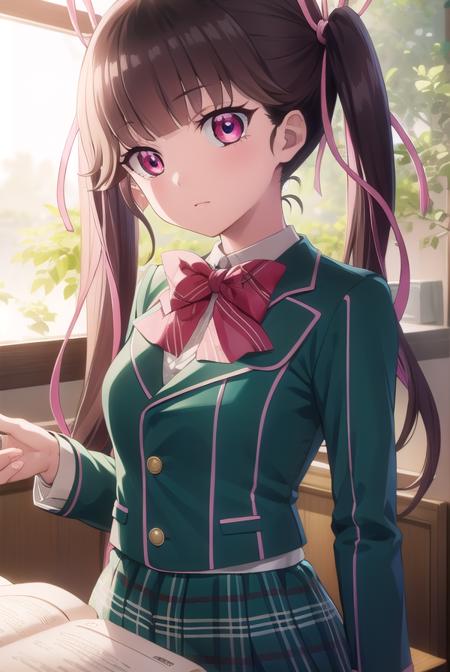 haruarisugawa, <lora:haru arisugawa s1-lora-nochekaiser:1>,
haru arisugawa, long hair, brown hair, ribbon, twintails, hair ribbon, (pink eyes:1.3),
BREAK bow, school uniform, jacket, green jacket,
BREAK indoors, classroom,
BREAK looking at viewer, (cowboy shot:1.5),
BREAK <lyco:GoodHands-beta2:1>, (masterpiece:1.2), best quality, high resolution, unity 8k wallpaper, (illustration:0.8), (beautiful detailed eyes:1.6), extremely detailed face, perfect lighting, extremely detailed CG, (perfect hands, perfect anatomy),