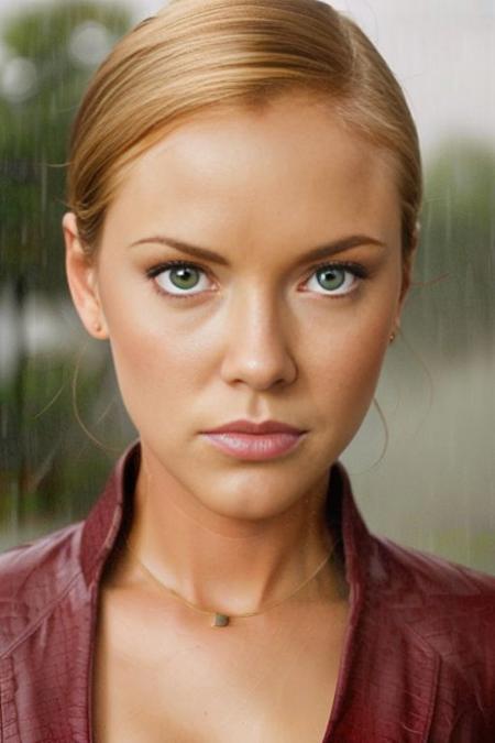 Picture, best quality, portrait photo of beautiful KristannaTX, serious look, looking at viewer, perfect face, perfect eyes, sharp focus, <lora:KristannaTX:0.82>, raining in the background, thunder, outside, dark clouds, downpour, movie poster, outdoors