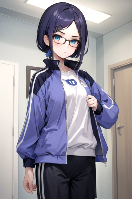 AchanOffWork, 1girl, solo, short hair, blue eyes, hair ornament, blue hair, blue jacket, glasses, black shorts, hairclip, swept bangs, track jacket, 