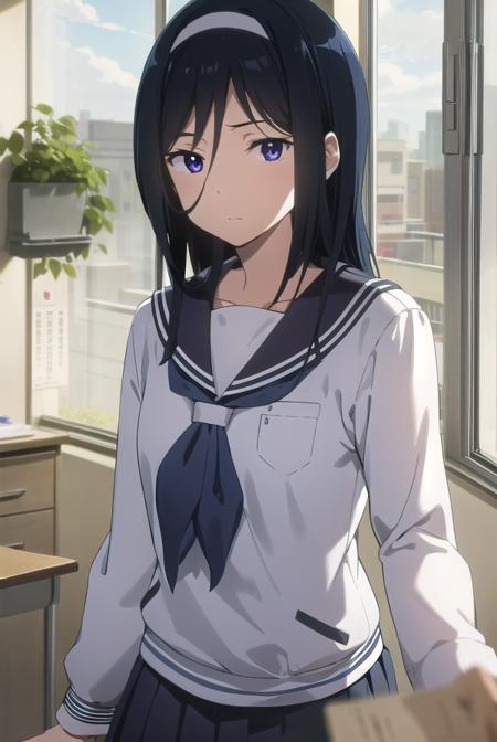 fuyumiirisu, <lora:fuyumi irisu s1-lora-nochekaiser:1>,
fuyumi irisu, long hair, (purple eyes:1.1), black hair, hair between eyes, hairband,
BREAK skirt, school uniform, serafuku, kamiyama high school uniform \(hyouka\), black skirt, long sleeves, black sailor collar,
BREAK indoors, classroom,
BREAK looking at viewer, (cowboy shot:1.5),
BREAK <lyco:GoodHands-beta2:1>, (masterpiece:1.2), best quality, high resolution, unity 8k wallpaper, (illustration:0.8), (beautiful detailed eyes:1.6), extremely detailed face, perfect lighting, extremely detailed CG, (perfect hands, perfect anatomy),