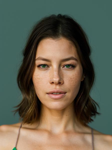 Realistic photo of a beautiful j3ss1c4b woman,  solo, looking at viewer, short hair, blonde hair, simple background, brown hair, white background, green eyes, parted lips, teeth, mole, lips, portrait, freckles, realistic, nose, mole on cheek, soft lighting, professional Photography, Photorealistic, detailed, RAW, analog, sharp focus, 8k, HD, DSLR, high quality, Fujifilm XT3, film grain, award winning, masterpiece<lora:j3ss1c4b:1.0>