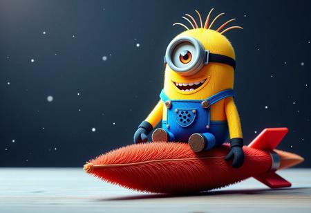 A happy yellow minion wearing blue overalls made out of (fir needles), he has one eye and he's smiling, he's sitting on a large red rocket made out of fir needles, space background, a scene made in the fir needle style