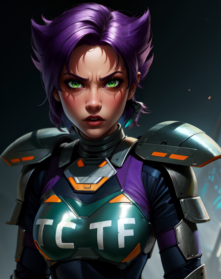 Konoko,sharp hairstyle,purple hair,green eyes,short hair,
standing,TCLF,armor,toned,
bodysuit,grey shoulder pads,fingerless gloves,
station,midnight,science fiction,
(insanely detailed, beautiful detailed face, masterpiece, best quality),<lora:Konoko-10-oniv2:0.8>,