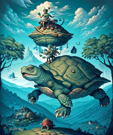 elf male warrior riding a huge turtle, surreal,  masterpiece by ncwinters, in the mystical rural town,  <lora:ncwinters-12-v2:1>